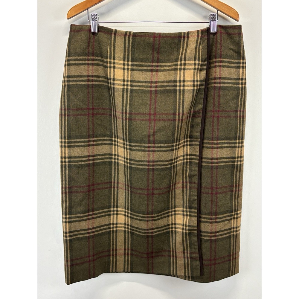Vtg Talbots 100% Wool Faux Wrap Skirt Women's 18 Plus Brown Plaid Tartan Academi